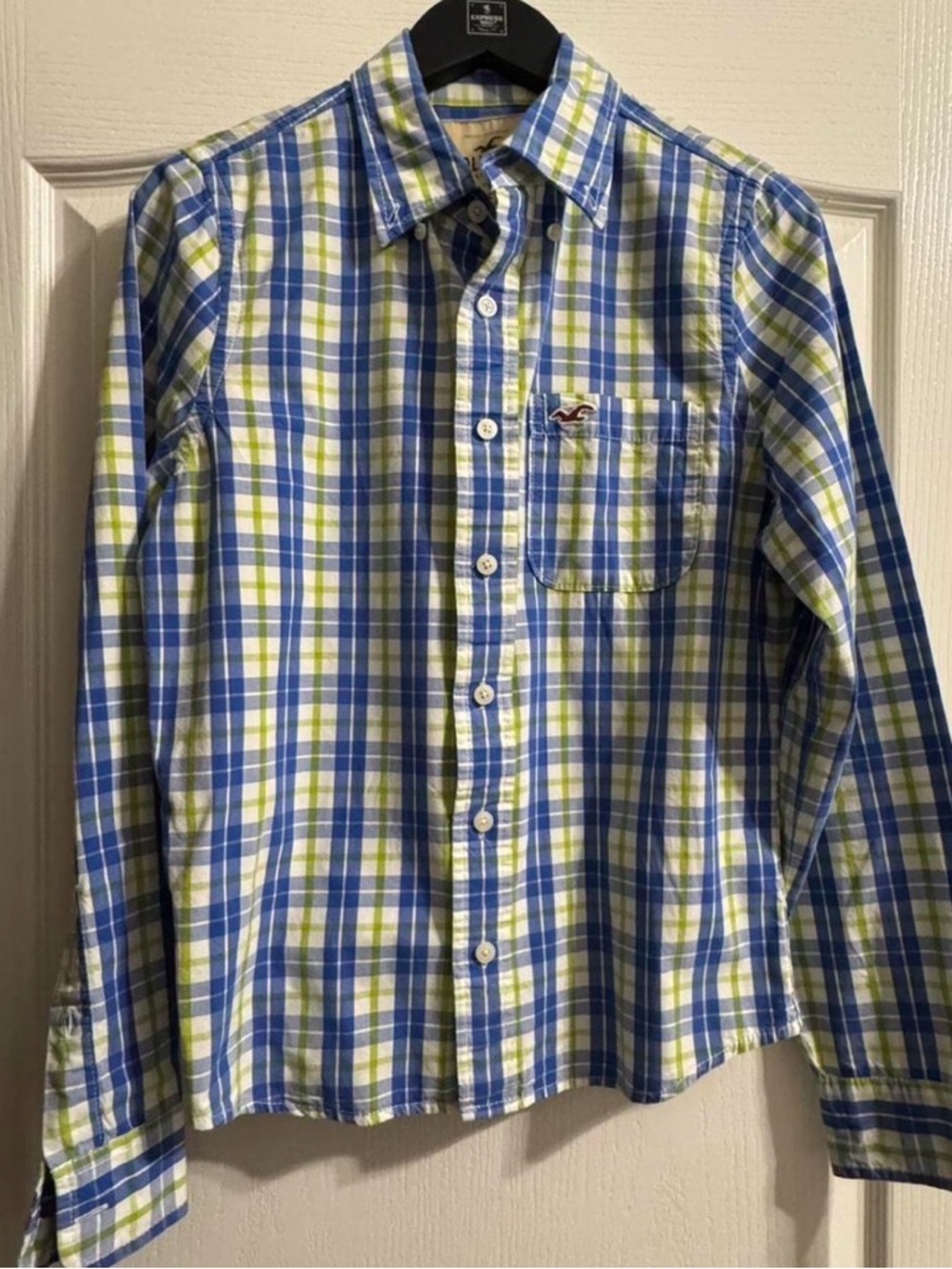 Hollister Blue, Green & White Plaid Button-Down Shirt